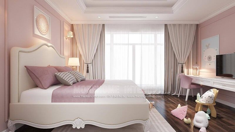 Mẫu giường ngủ bọc da hiện đại với tông màu trắng hồng ,thiết kế tân cổ điển dể thương cho phòng ngủ bé gái